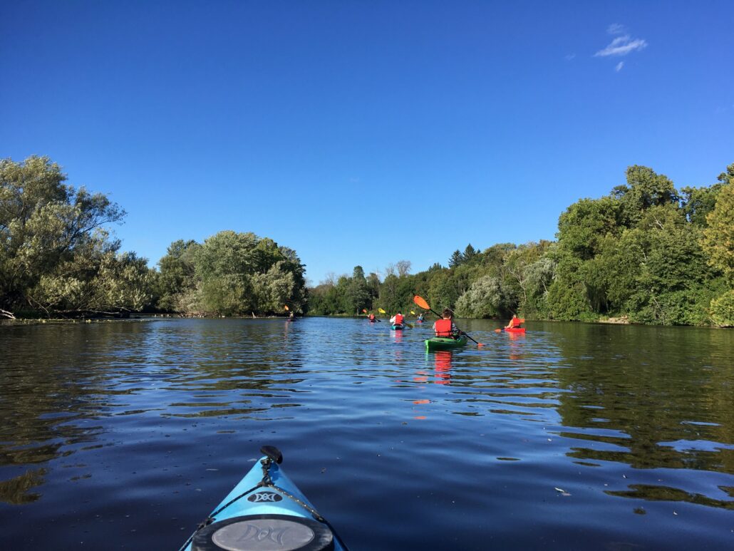 view from a kayak paddling on the Milwaukee River on a sunny summer day with other kayaks in front