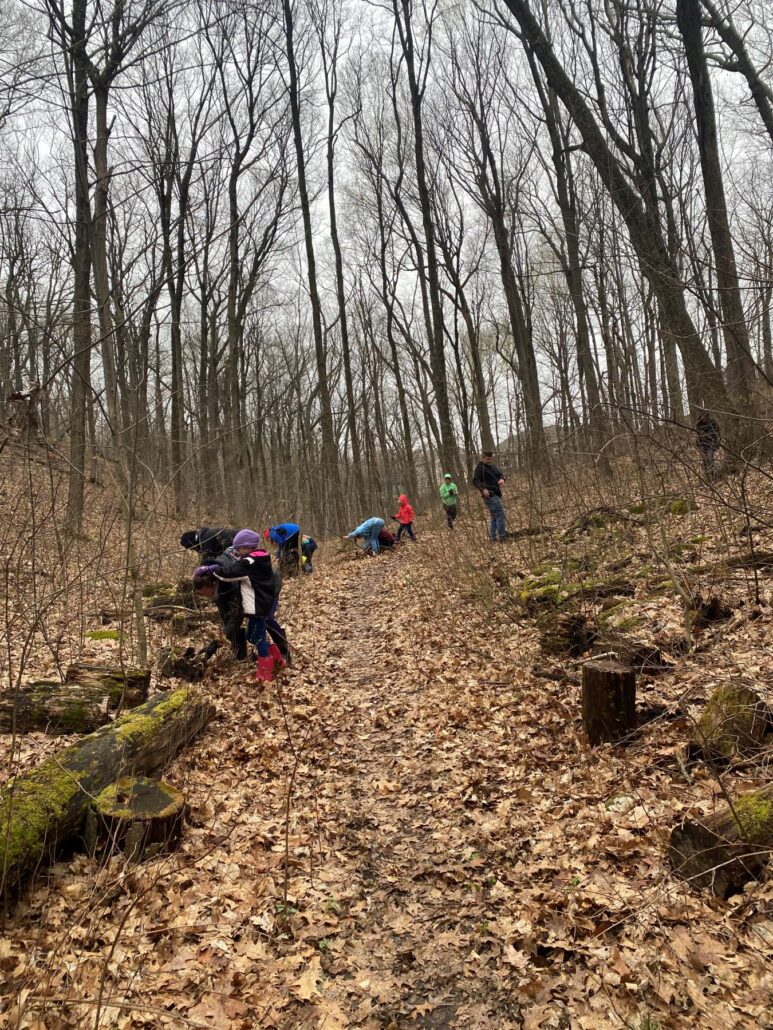 a group of young kids explore an autumn forest