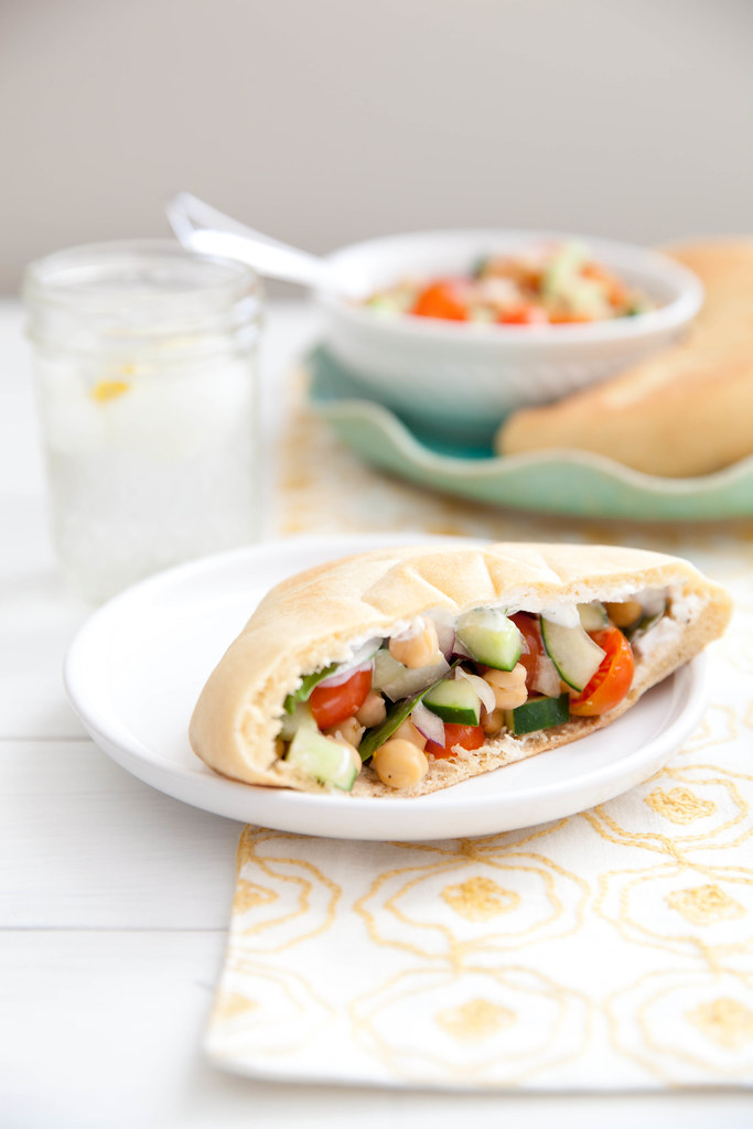 close up of a veggie pita with chickpeas