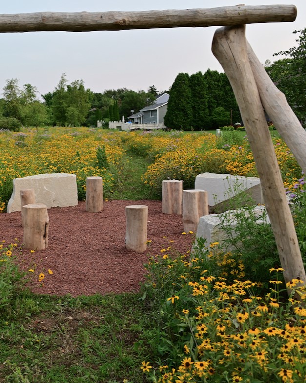 wooden beam structure with log and stone stools in a prairie with blooming yellow coneflowers