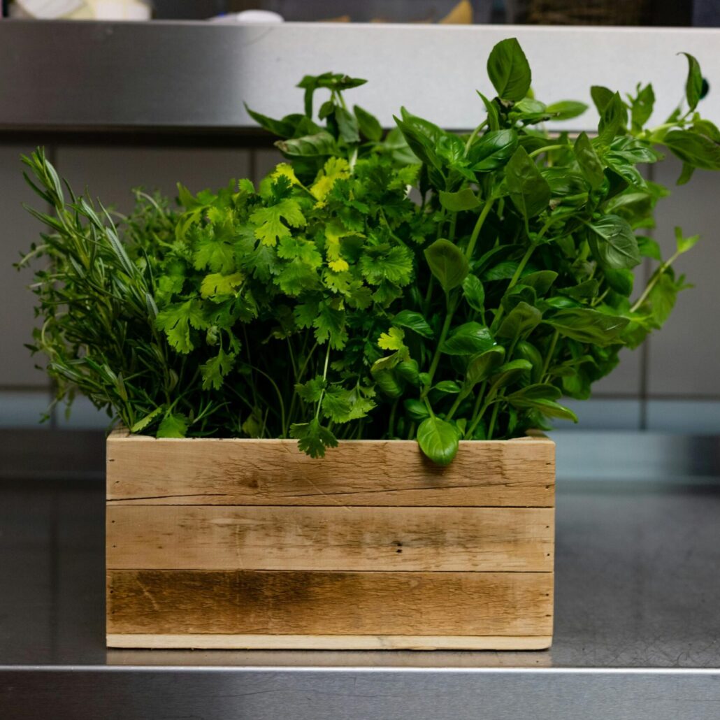 wooden herb planter filled with green herbs