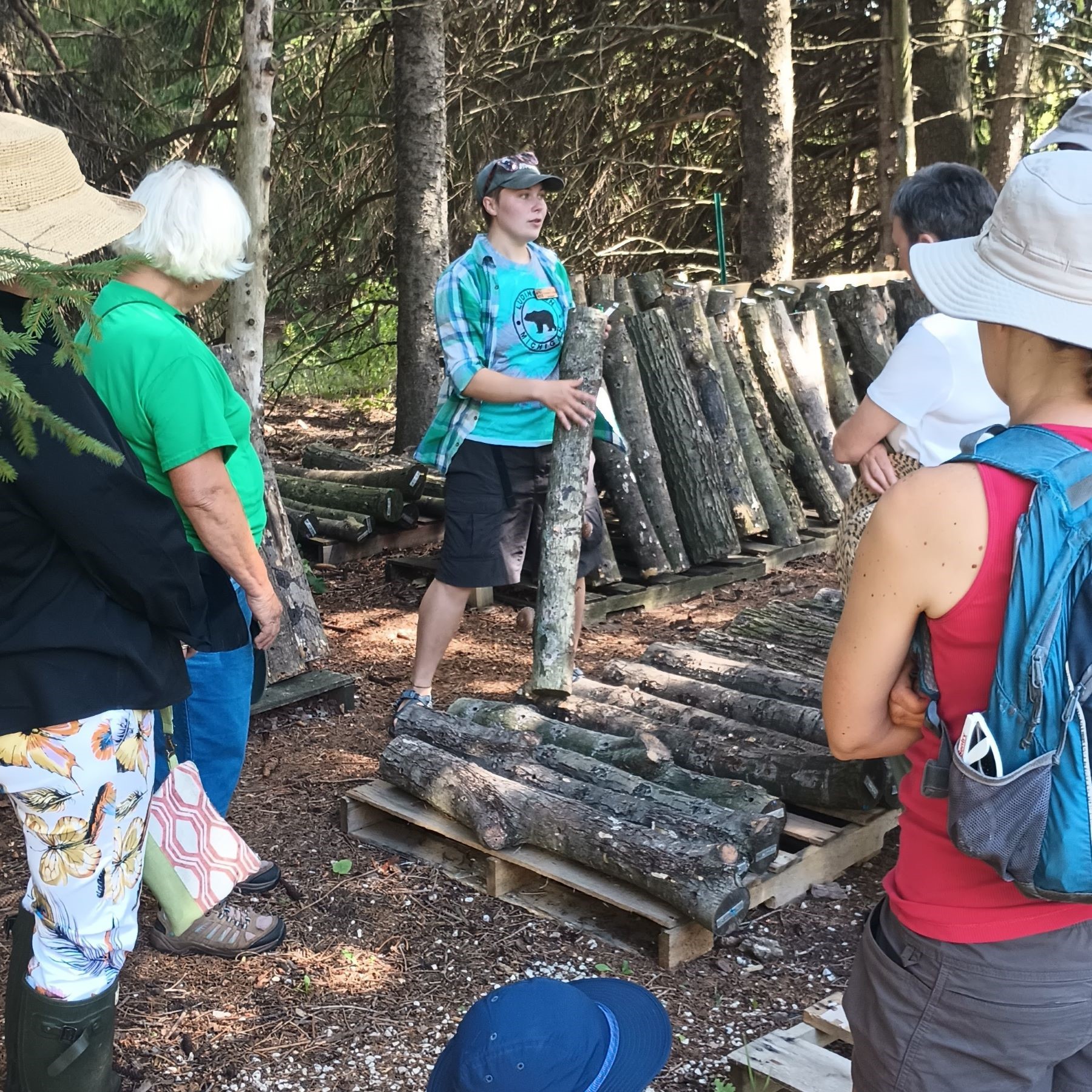 a small group of people standing in the woods at the Riveredge farm looking at mushroom logs and listening to a speaker