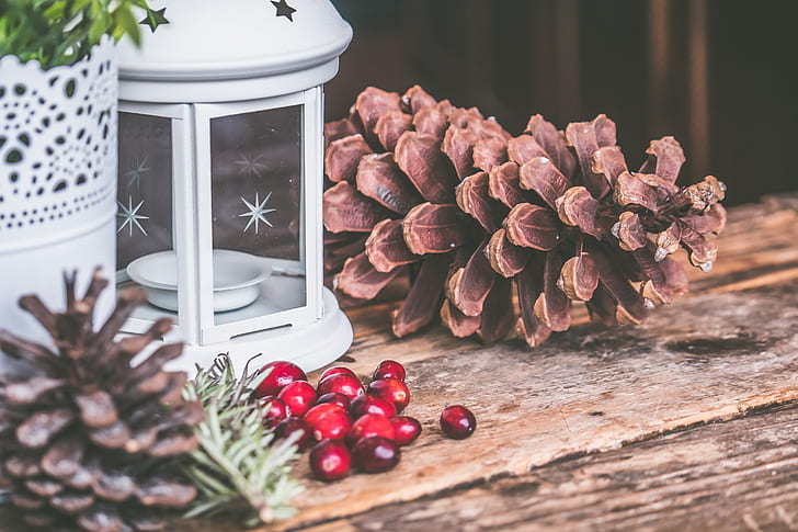 white tea candle holder with pinecones and winter berries around it