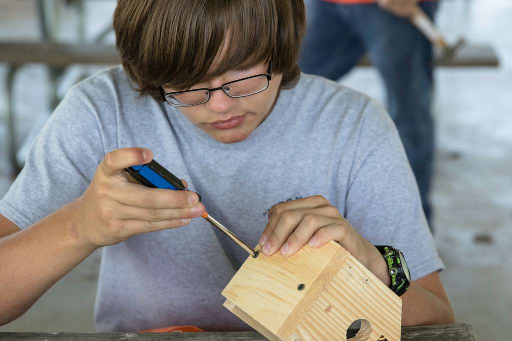 child using a crewdriver to build a wooden birdhouse
